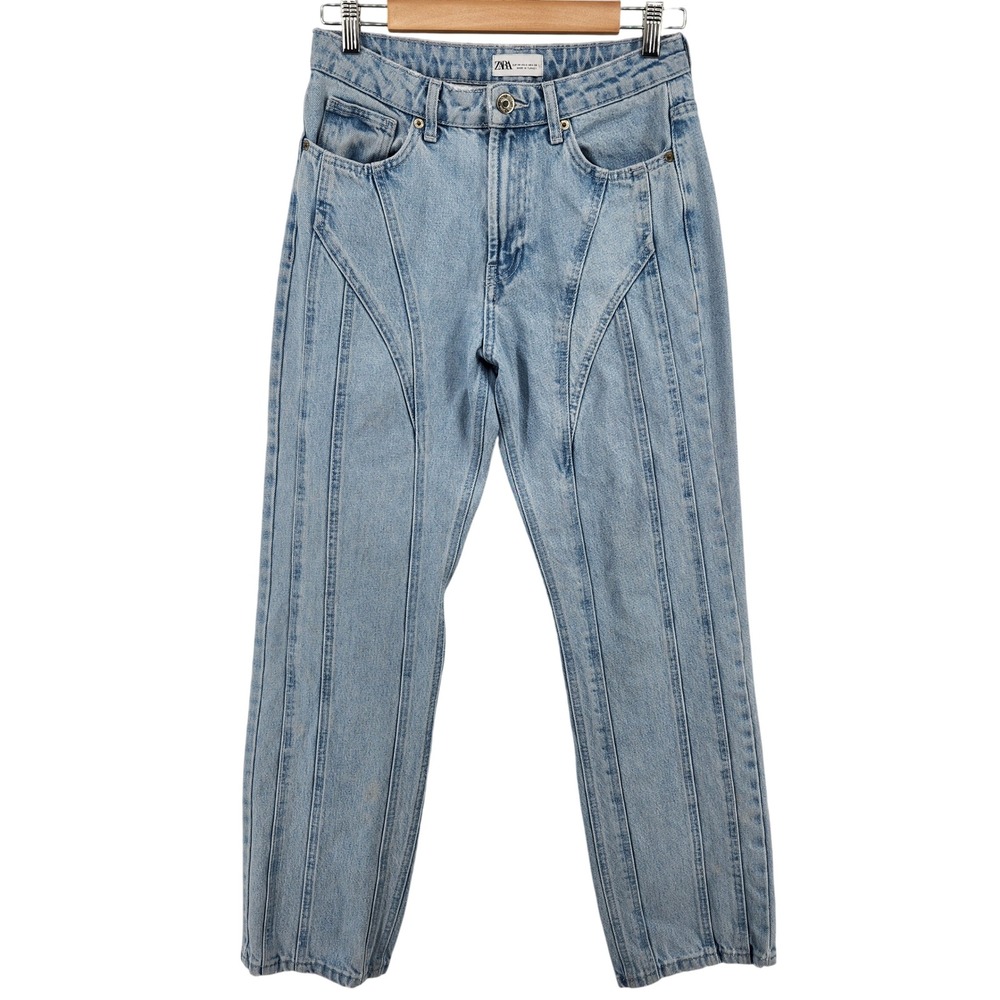 ZARA Women's V Panel Front Jeans Size 6 Light Wash High Rise Tapered Leg Y2K